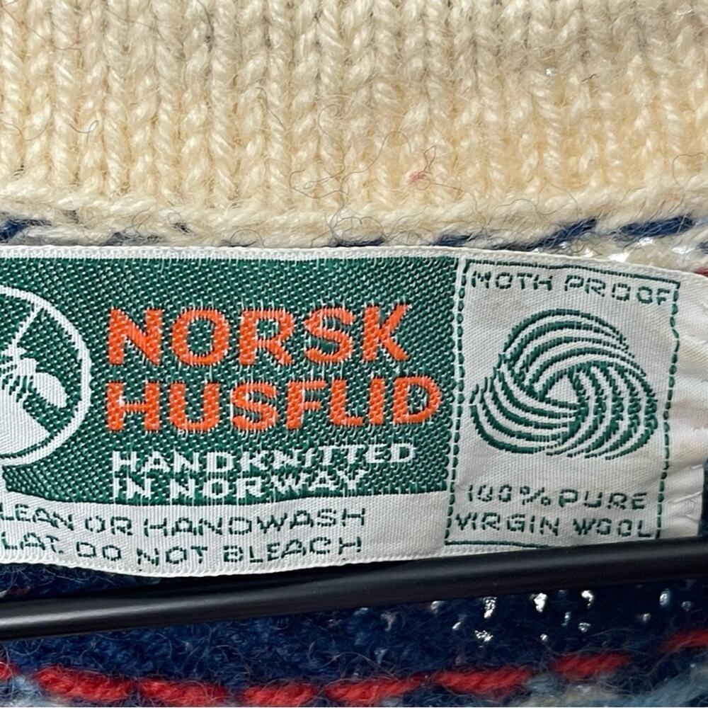 NORSK HUSFLID Vtg 70s Wool Fair Isle Hand knit Fisherman cardigan Blu/Cream, S/M - Picture 7 of 10